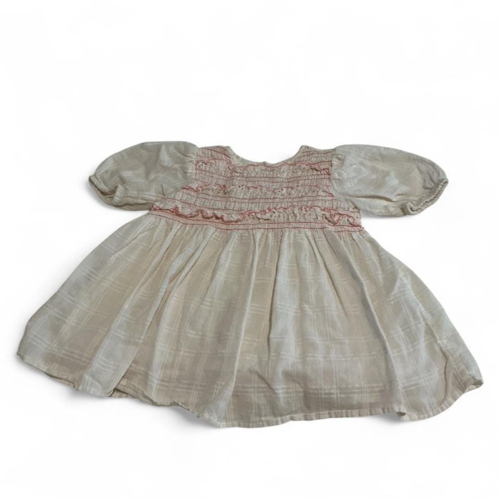 Zara Smocked Dress Baby Girls 12-18M Cream Red Plaid Excellent Puff Sleeve